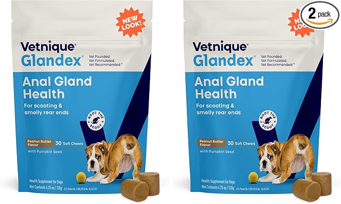Vetnique Glandex Anal Gland Soft Chew Treats with Pumpkin for Dogs Digestive Enzymes, Probiotics Fiber Supplement for Dogs Boot The Scoot (30ct, Peanut Butter Chews) (Pack of 2)