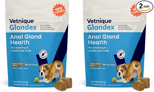 Vetnique Glandex Anal Gland Soft Chew Treats with Pumpkin for Dogs Digestive Enzymes, Probiotics Fiber Supplement for Dogs Boot The Scoot (30ct, Peanut Butter Chews) (Pack of 2)
