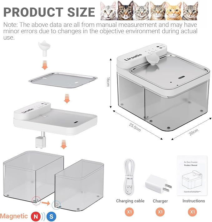 Cat Water Fountain, Filterless Cordless Cat Water Bowl, Wastewater Separation, Stainless Steel Tray, Not Continuous-Flow Auto-Refill Pet Water Dispenser with Scheduled Water Refresh, White