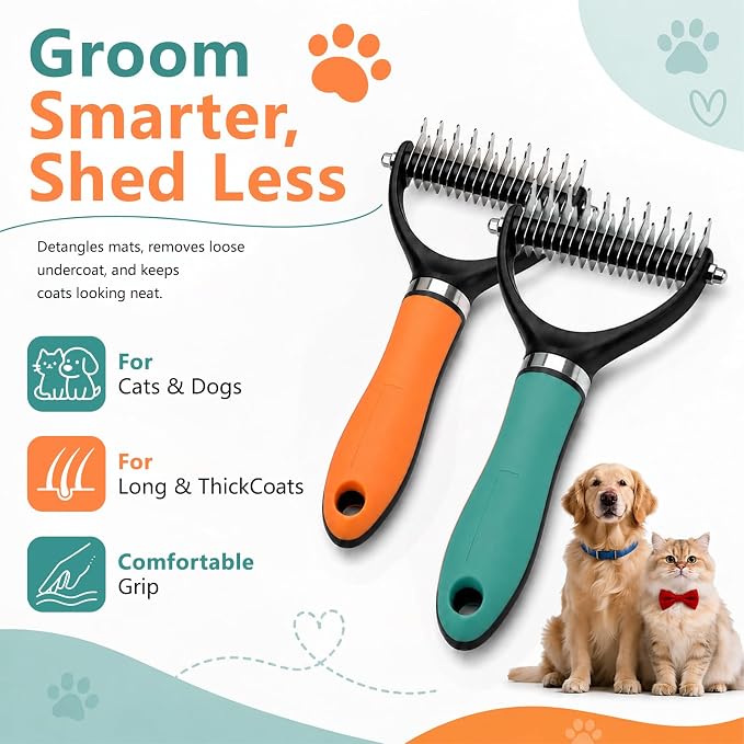 Dog Brush and Cat Deshedding Rake, Pet Grooming Tool for Shedding with Rounded Stainless Steel Teeth, Comfortable Grip for Long or Thick Coats (Orange+Green)