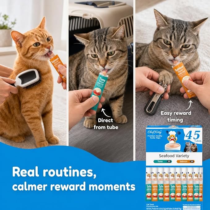 Cat Treats Lickable | Grain-Free Tuna & Salmon Cat Treats | Creamy Puree Squeeze Ups with Vitamin E & Taurine, Digestible Formula | 0.5 oz. Each Tube, Seafood Mix Variety | 45 Tubes