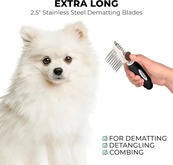 Poodle Pet Bundle - Dematting Fur Rake Comb Brush Tool with Steel Safety Blades and Detangling Pet Comb with Long and Short Stainless Steel Teeth for Detangling Matted or Knotted Undercoat Hair (Black