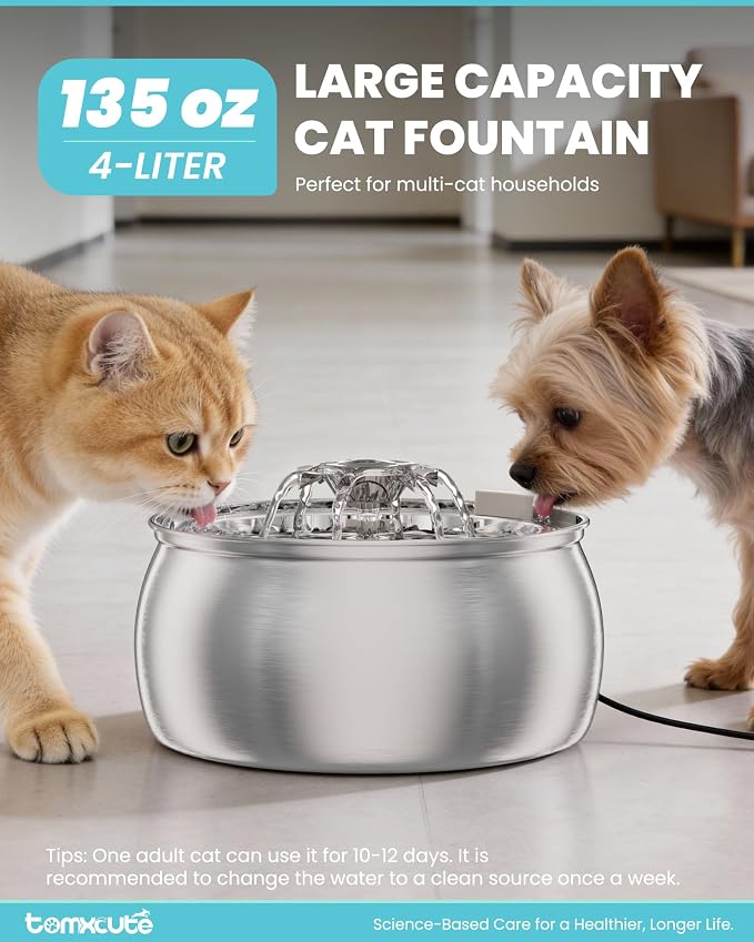 Tomxcute Cat Water Fountain Stainless Steel: 4L/135oz Large Capacity Dual-Mode Flow Ultra Quiet Pump Filtered Circulating Water for Multiple Pets Indoor with 3 Replacement Filters