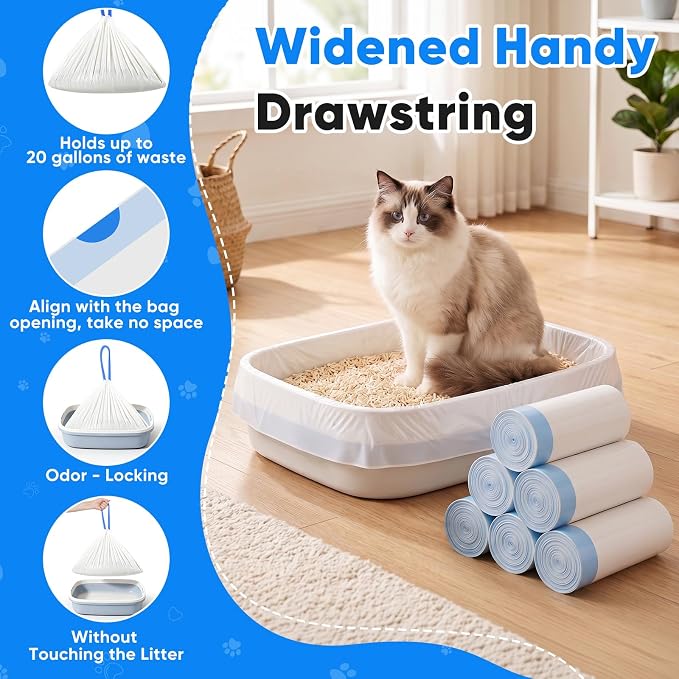 66 Count Jumbo Litter Box Liners 36" X 18",2mil Pre-Separated Cat Litter Bags with Heavy Duty Drawstring,Extra Thick Leakproof Cat Pan Liners for Kitty Box