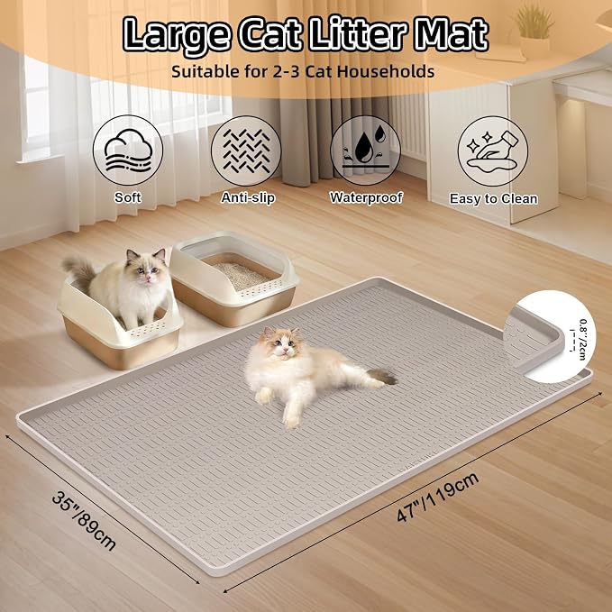 Silicone Cat Litter Mat, 47" x 35" Extra Large Litter Trapping Mat for Litter Box, Leak-Proof, Non-Slip, Kitty Litter Mats with Soft Texture for Floor, Keeping The Floor Clean (Khaki)