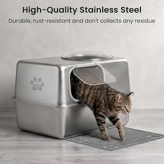 Ptlom Enclosed Stainless Steel Cat Litter Box with Lid, Extra Large Metal Litter Box, Leak-Proof High Sided Covered Litter Box for Kitties & Multi Cats, Non-Stick, Includes Litter Mat & Scoop
