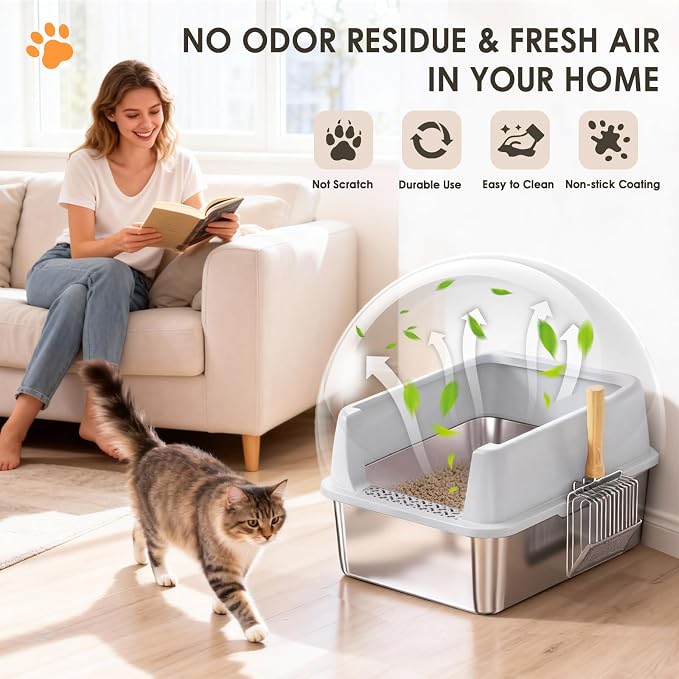 Stainless Steel Litter Box, 17.4'' x 13.5'' x 8.5'' Metal Kitty Litter Box for Small Cats Kitten High Sided Litter Boxs with Scoop Open Top Low Entry Easy to Clean Non-Sticky Anti-Leakage