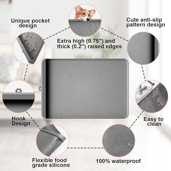 Dog Food Mat 36"x24" - Silicone Dog Mat for Food and Water Large Pet Feeding Mats with Residue Collection Pocket - Waterproof Dog Cat Bowl Mat with High Edges to Prevent Water Food Spills (Gray)