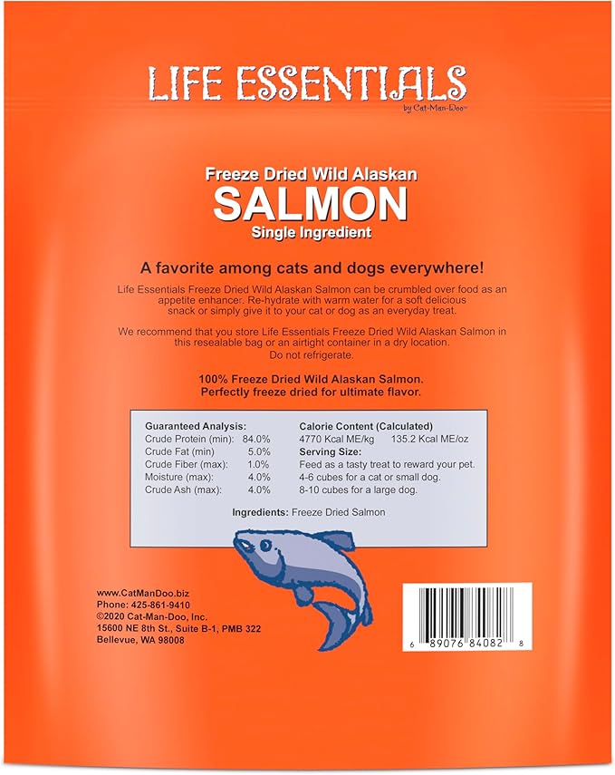 Life Essentials by Cat-Man-Doo | Salmon - 5oz. Bag | Freeze Dried Salmon Cat & Dog Treats | Healthy, Single Ingredient, Training Treats, High Protein