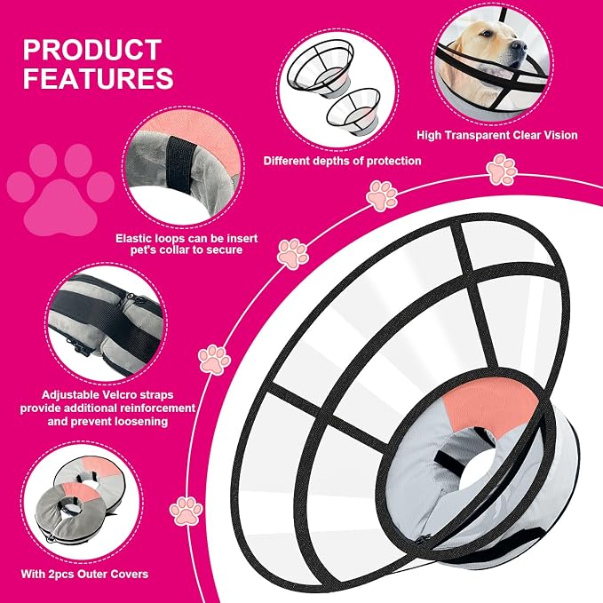 Sponge Core Dog Cat Cone Collar for After Surgery Recovery, Inflatable Dog Cone Alternative, Lainergie Dogs Donut Collar Adjustable with 2PCS Cover for Large Medium Small Dogs Cats (Grey+Pink, XXL)