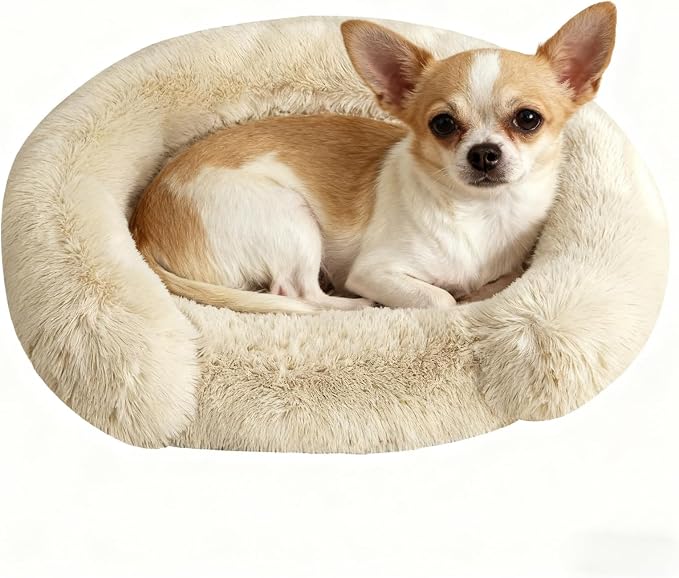 Calming Dog & Cat Beds with Orthopedic Egg-Crate Foam Raised Rim, Soft Fluffy Faux Fur Pet Bed for Small Medium Dogs, Anxiety Relief Spine Support, Machine Washable Cover (Round, Beige 20")