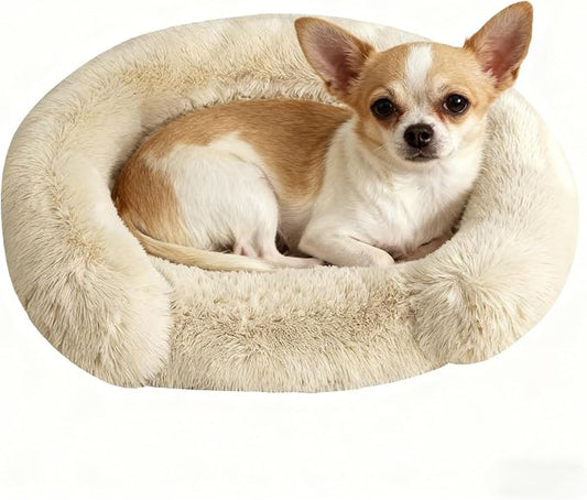 Calming Dog & Cat Beds with Orthopedic Egg-Crate Foam Raised Rim, Soft Fluffy Faux Fur Pet Bed for Small Medium Dogs, Anxiety Relief Spine Support, Machine Washable Cover (Round, Beige 20")