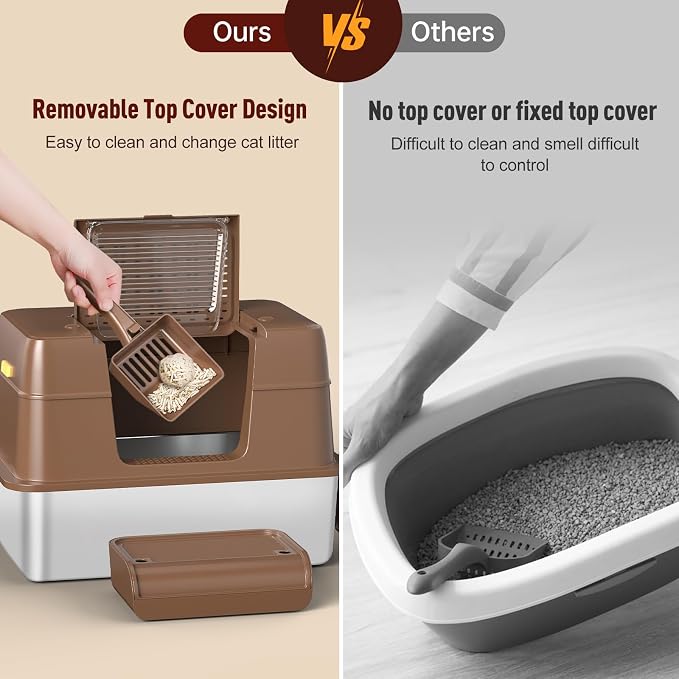 Stainless Steel Extra Large Litter Box with Lid for Big Cats, High Sided, No Odor, Non-Sticky, Anti-Leakage (Brown)