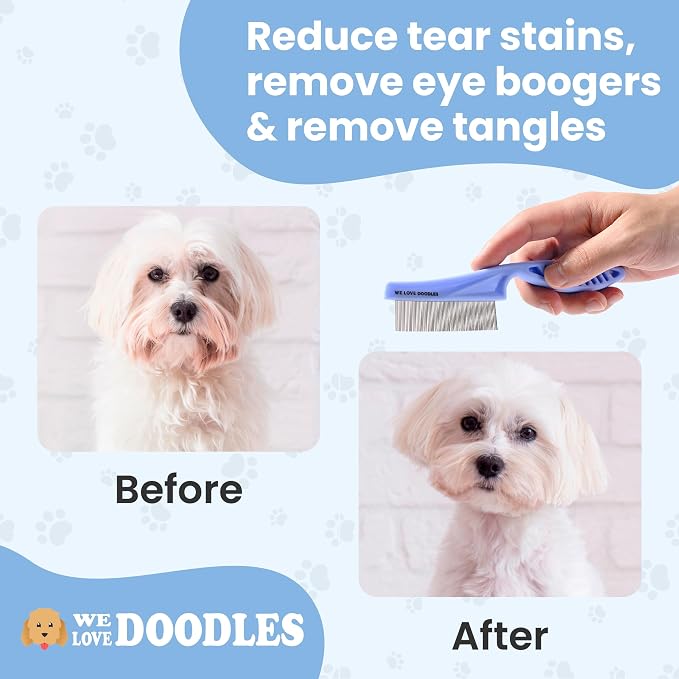 We Love Doodles Dog Eye Wipes & Dog Face Comb Bundle - Pre-Soaked Eye Wipes for Dogs, Tear Stain Remover for Dogs, Pet Eye Wipes, Dog Eye Cleaner, Flea Comb for Dogs, Fine Tooth, Removes Crust & Mucus