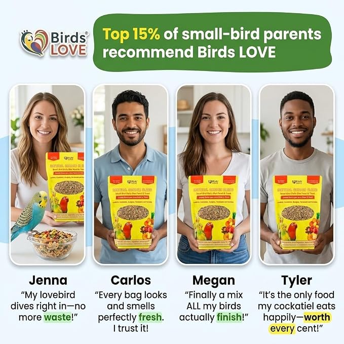 Birds LOVE Natural Garden Blend Bird Food for Small Birds, 2 lb - Hand Packed in USA, Natural Mix with Fruits, Seeds & Grains for Lovebirds, Cockatiels, Budgies & Parakeets