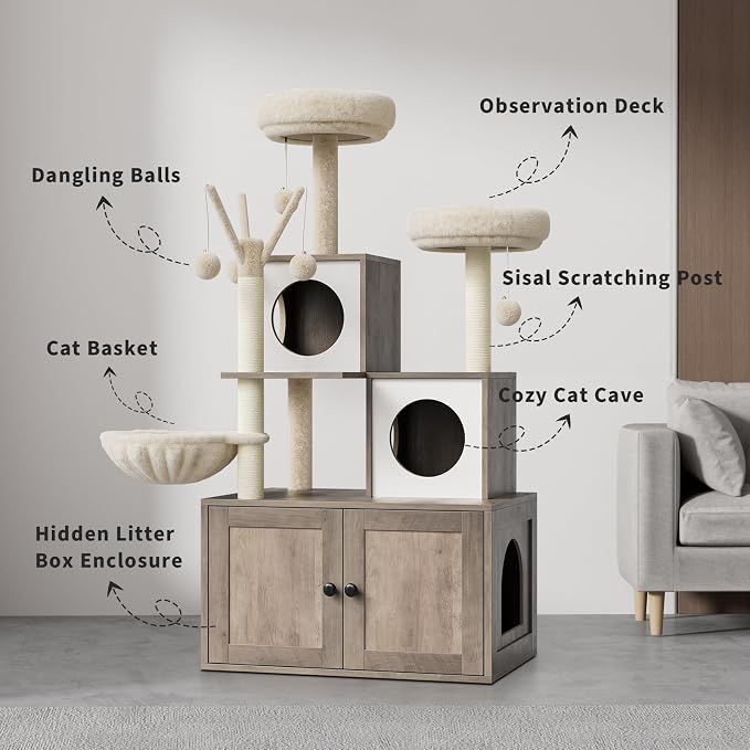 GAOMON Litter Box Enclosure with Cat Tree Tower 2-in-1 Modern Hidden Pet Washroom Furniture with Condo Hammock Scratching Posts and Multiple Soft Perches