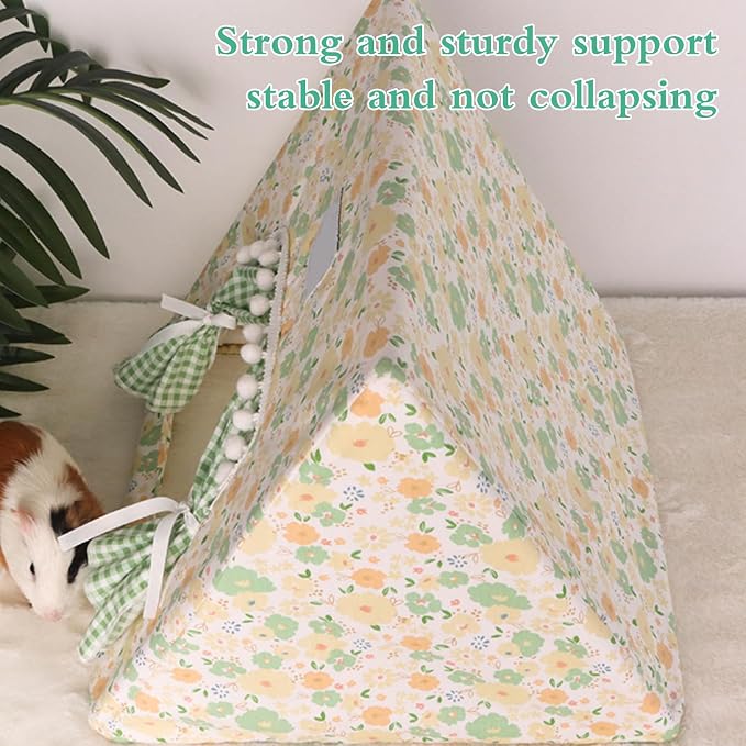 Hamster Hideout Tent with Curtain,Bunny Hideout, Machine Washable Guinea Pig Hide Tent Houses & Habitats, Triangular Hideout Shelter Small Animal Bed,Ferret, Rat, Chinchilla, Squirrel（Flower）