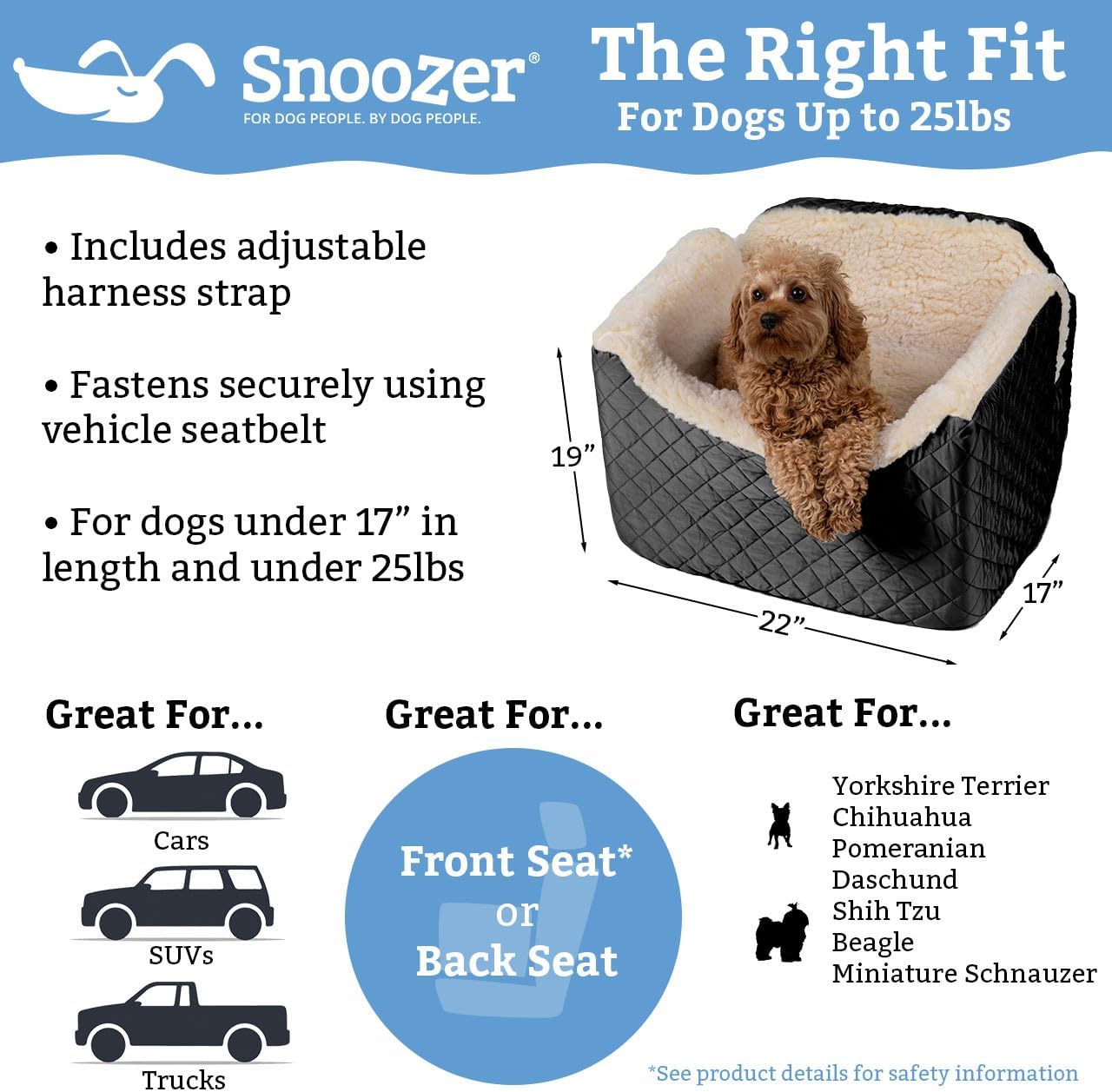 Snoozer Lookout I Car Seat - Dog Car Seats for Small Dogs, Puppy Booster Bed for Small & Medium Sized Pets Up to 25 Lbs, Elevated, Washable - Medium, Palmer Dove
