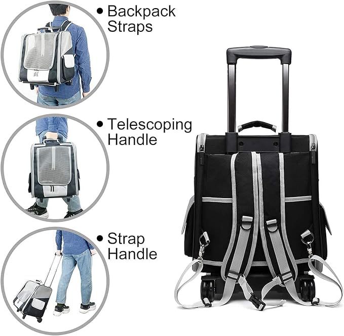 Pet Rolling Carrier,Foldable Cat Carrier Strollers Backpack Bag Puppy Dog Carrier Luggage with Wheels and Telescopic Handle for Cats Dogs Rabbits Kittens Puppies