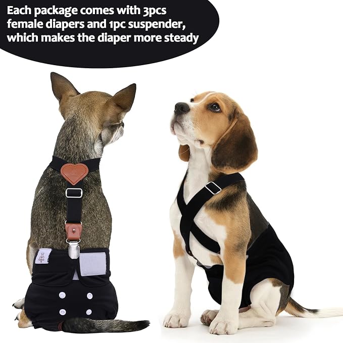 CuteBone Dog Diapers Female 3 Pack Reusable Doggy Diapers with One Suspender for Small Medium Large Dog Period BDD03L