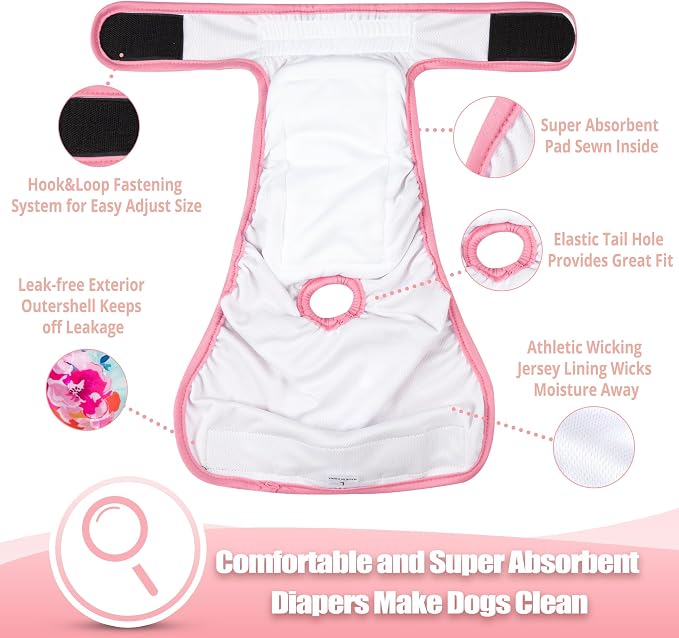 wegreeco Reusable Washable Dog Diapers Female with 1PC Suspender, Dogs Period Heat Diapers Female Heat Cycle, XL Medium Large Small Doggie Puppy Diapers for Incontinence (Medium)