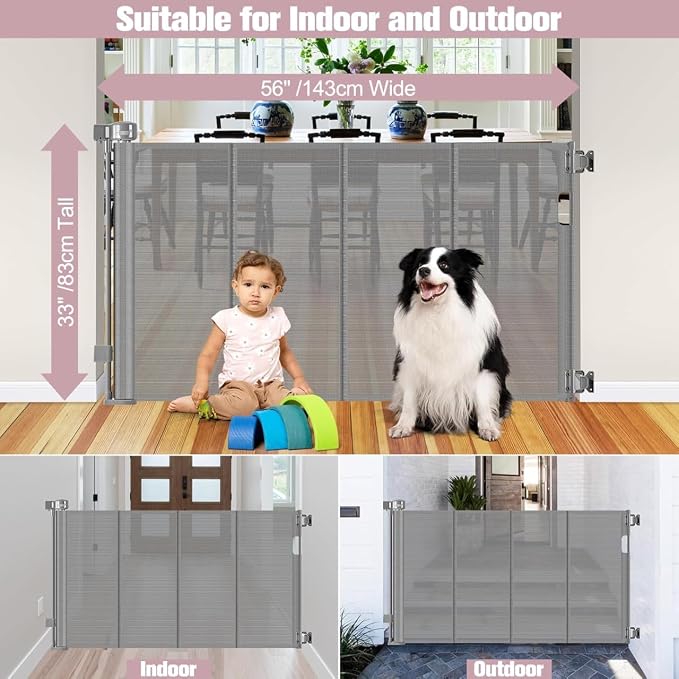 56" Wide Retractable Baby Gates for Stairs with Reinforced Strip, Baby Gate Retractable Pet Gate for Stairs to Prevent Crawling Through, Retractable Gates for Kids or Pets, Mesh Dog Gate Indoor, Gray