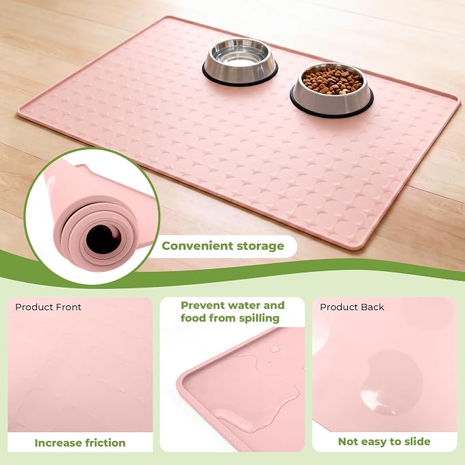 Extra Large 34x22 Inch Machine Washable Silicone Pet Food Mat - Waterproof Dog & Cat Bowl Mat with Raised Edge, Non-Slip Floor Protector for Large Dogs, Multi-Pet Homes (Pink)