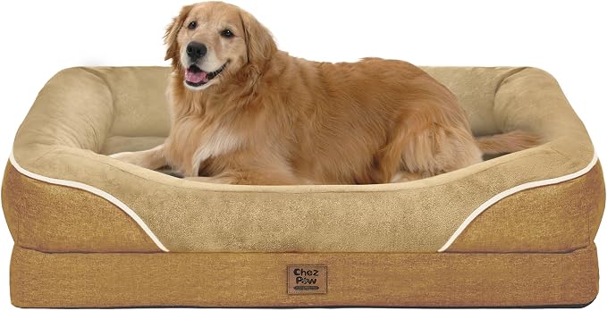 Chez Paw Large Orthopedic Dog Bed for Extra Large Dogs, Waterproof XL Egg-Crate Foam Dog Bed with Removable Washable Cover & Non-Slip Bottom, 4-Sided Bolster Support,Brown 42"x30"x7.5"