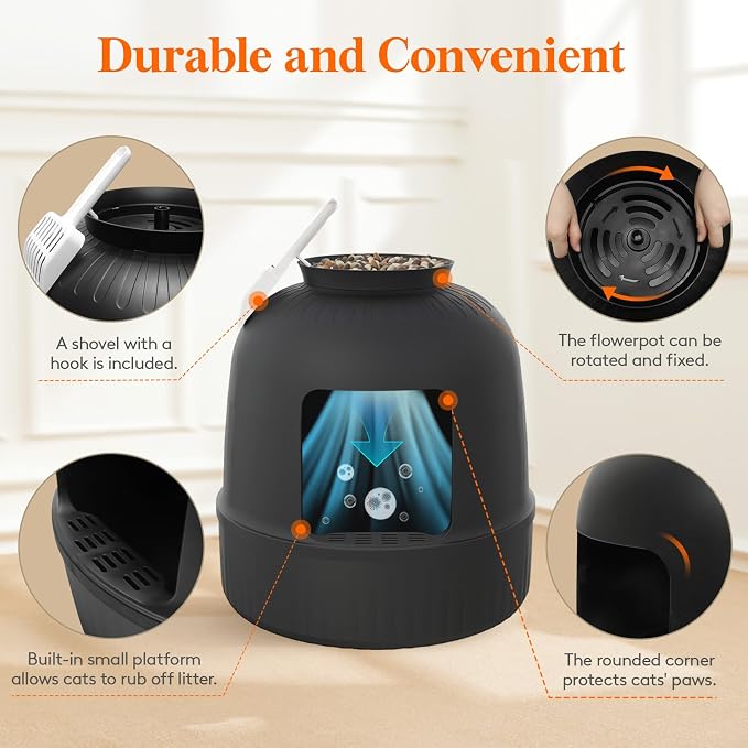 Lifewit Cat Litter Box, Hidden Enclosure Litter Tray with Odor Control & Carbon Filter in Living Room, Bedroom, Corner with Faux Plant& Plastic Scoop, 48 x 120 cm/19x47, Black
