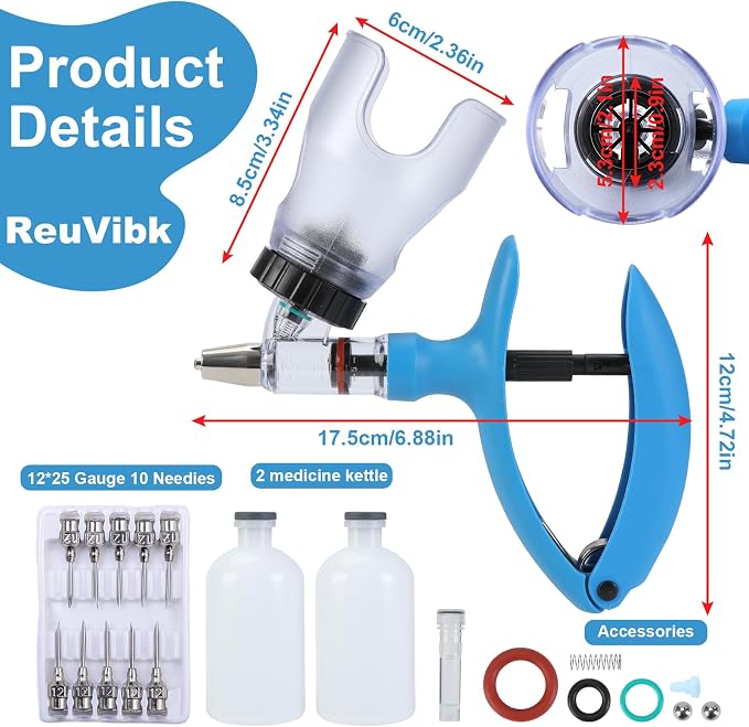 5ML Livestock Syringe Gun, Automatic Self Refill Injection Gun Continuous Adjustable Bottle Attachment Livestock Animal Syringe with 10 Needles, for Chicken, Duck, Pig, Sheep, Cow Poultry (Blue)