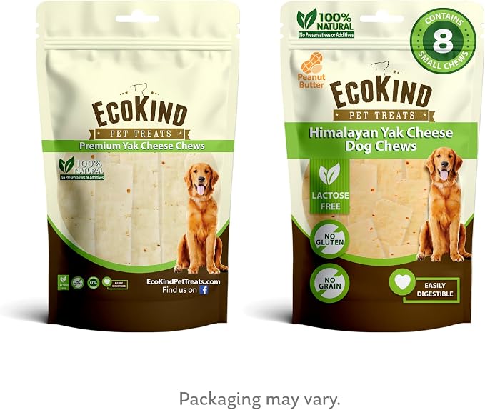 EcoKind Yak Cheese Himalayan Dog Chews, Yak Chews for Small Dogs, Long Lasting Bone for Aggressive Chewers, 4 Ingredients, Natural High Protein Dog Treats, No Additives, Peanut Butter, Small - 8 Chews