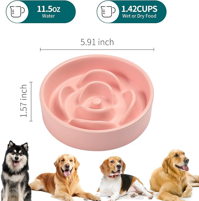 Pink Ceramic Slow Feeder Dog Bowl for Small and Medium Breeds,6.1 in Slow Feeding Bowl,Puzzle Cat Dog Food Bowl for Fast Eater,Maze Dish Puzzle Bowl for Small Dogs and Cats