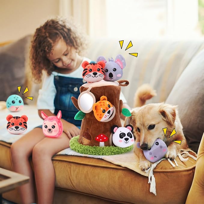 13 Pcs Hide and Seek Dog Toys Activity Puppy Chew Squeaky Animal Plush Woodland Toys with Crinkle Treehouse Interactive Pet Stuffed Gift with Squeakers for Small Medium Pets Dogs Puppy