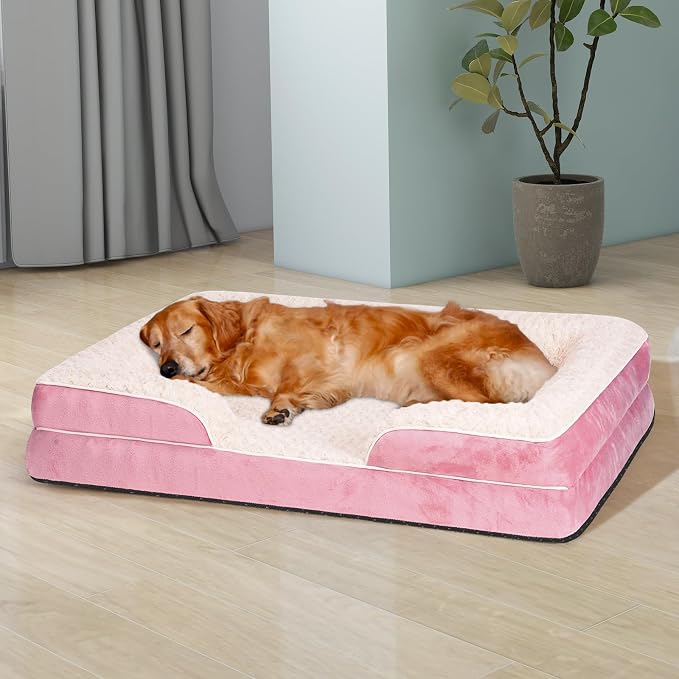 Orthopedic Dog Bed for Large Medium Sized, Washable Memory Foam Large Dog Bed, Medium Pet Sofa with Removable Cover, Washable Waterproof Pet Couch Beds(Pink, L)