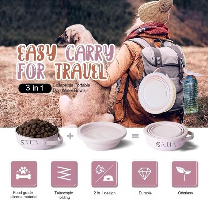 Black Collapsible Travel Dog & Cat Bowl – BPA-Free Silicone & 18/8 Stainless Steel, Portable Non-Slip Food & Water Bowl with Handle, Bottle/Poop Bag Holder – Claim Your