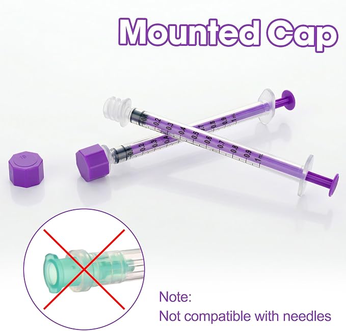 1ml/cc Syringes with Cap - Plastic Purple Syringe for Liquid, Feeding, Individually Wrapped, Pack of 20