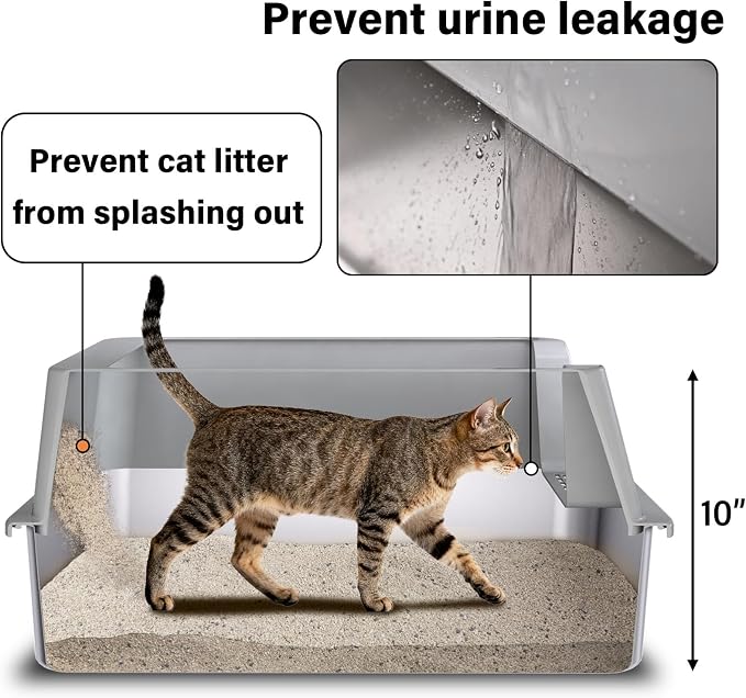 Stainless Steel Cat Litter Box with Lid Large to XL,Metal Litter Box High Sides for Big/Multiple Cats,Open Design,Indoor,1-Mat and 1-Scoop,Easy to Clean, No Odor,Anti-Urine Leakage