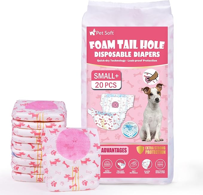 Pet Soft Disposable Dog Diapers - Female Dog Diapers with Adjustable Foam Tail Hole, Ultra Protection Puppy & Cat Diapers Wetness Indicator for Dogs in Heat or Incontinence,20pcs (S+,Red)