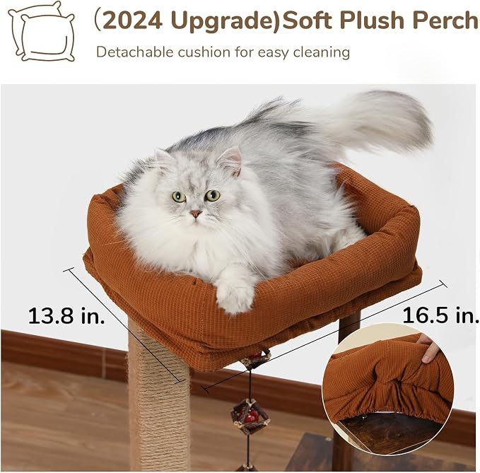 FUKUMARU Cat Scratching Post, Modern Style Cat Tree with Unique Square Post, Wooden Cat Tower with silvervine Balls, Retro Cat Brown Condo Scratcher for Indoor Cats（Solid Wood）