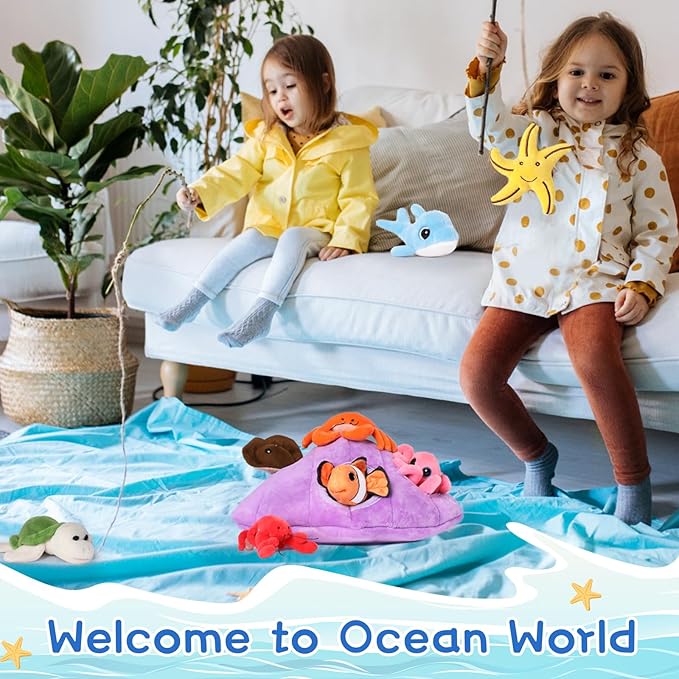 Muiteiur Ocean Sea Stuffed Animals Set,9 Piece Fun Seashell House Plush Set, Soft Educational Toy for Imaginative Play, for Kids Babies