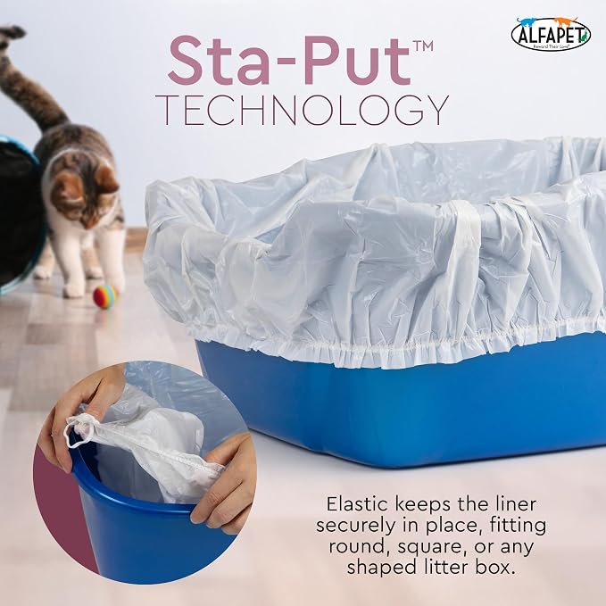 Alfapet Kitty Cat Litter box Disposable, Elastic Liners- 48-count-For Medium and Large, Size Litter Pans- With Sta-Put Technology for Firm, Easy Fit- Quick + Clever Waste Cleaners 4 pack
