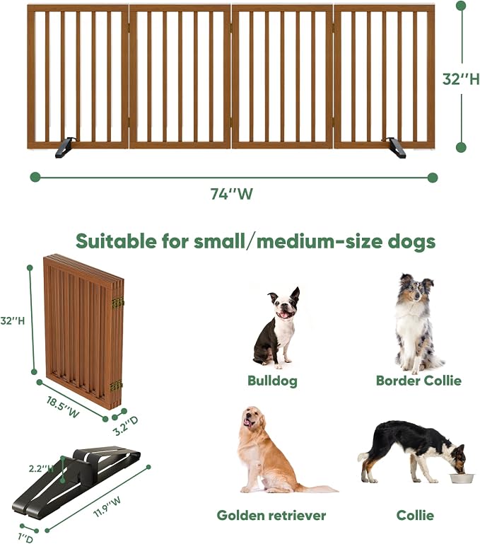 Dog Gates for Doorways, Tall Dog Gate Indoor, Foldable Pet Gates for Doorways Bedroom, Freestanding Puppy Gate with Metal Support Feet, Room Divider 4 Panels (Walnut)