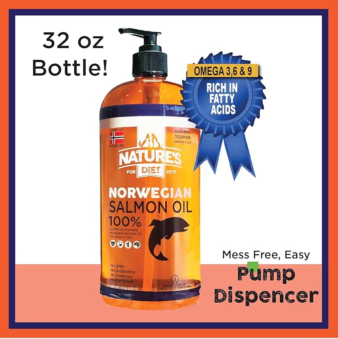 Nature's Diet Pet 32 oz Norwegian Salmon Oil Dogs & Cats - Natural Support for Joint Function Immune Heart Health Appetite Skin & Coat Omega 3 6 9 Liquid Food Topper EPA DHA Fatty Acids