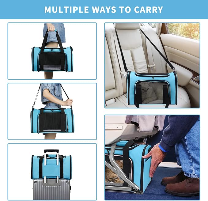 Pnimaund Large Pet Carrier, Soft Sided Cat Carriers for Large Cats Under 20 lbs, Soft Dog Carriers for Medium Dogs Small Dogs, Collapsible Cat Carrier for 2 Cats Travel Carrier -Blue