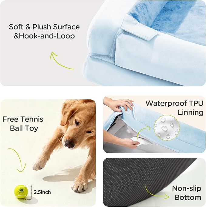 Orthopedic Memory Foam Dog Bed, 42x30, Waterproof for Large Dogs | Removable, washable cover • Waterproof memory foam liner • Bolstered couch design for joint relief • Includes tennis ball toy
