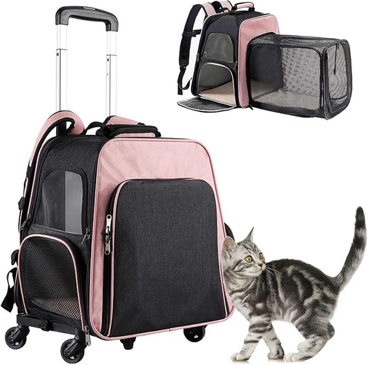 Pet Travel Carrier with Wheels,Puppy & Kitty Expandable Backpack Carrier for Dogs and Cats, Rolling Pet Carrier with Adjustable Handle, Mesh Windows, Storage Pockets