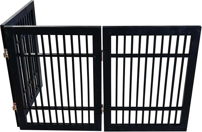 Urnporium Freestanding Wooden Dog Gate – Folding Acacia Hardwood Pet Barrier with 2-Way Hinges, Portable Indoor Outdoor Puppy Safety Fence for Doorways, Hallways (Black Pet Gate, 3 Panel 24" Tall)