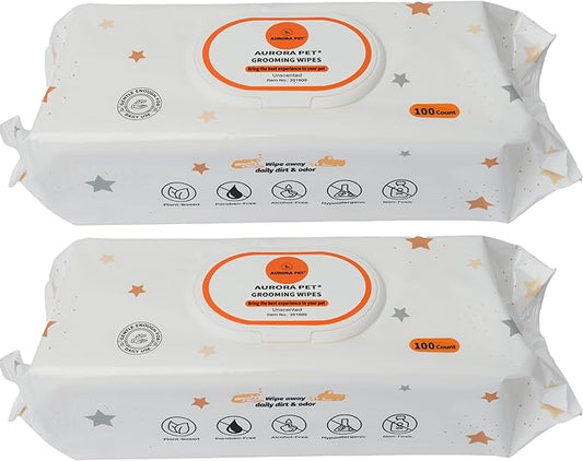 Aurora Pet Wipes – 100% Natural, Plant-Based Hypoallergenic Grooming Wipes for Dogs & Cats – Extra-Durable, Large & Thick for Effortless Cleaning (Unscented, 200 Count)
