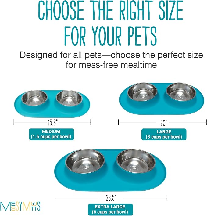 Messy Mutts Double Silicone Feeder with Stainless Bowls | Non-Skid Food Dishes for Dogs for All Pets | Dog Food Bowls | Large, 3 Cups Per Bowl | Blue