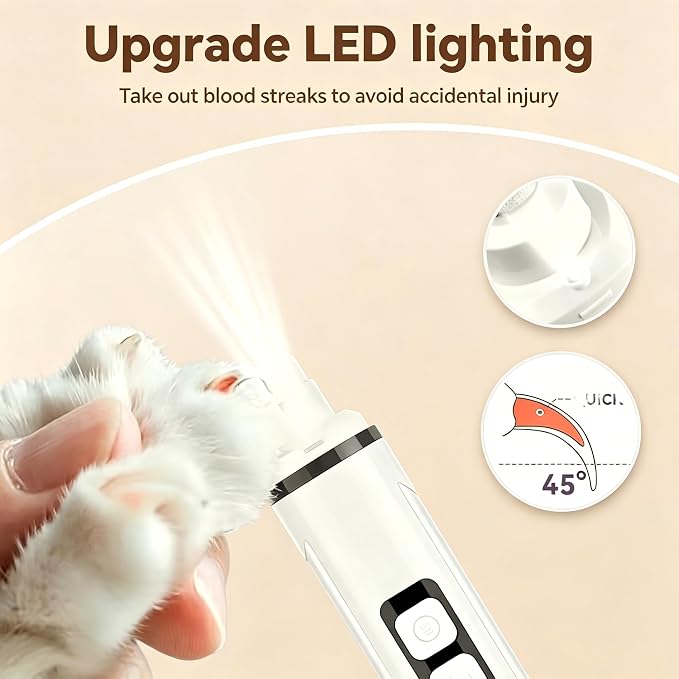 Dog Nail Grinder Quiet- 3-Speed Dog & Cat Nail Grinder with LED Light & Battery Display & Upgrade Grinding Head - Painless Nail Trimmer for Small to Large Pets, Thick Nails, and Sensitive Paws
